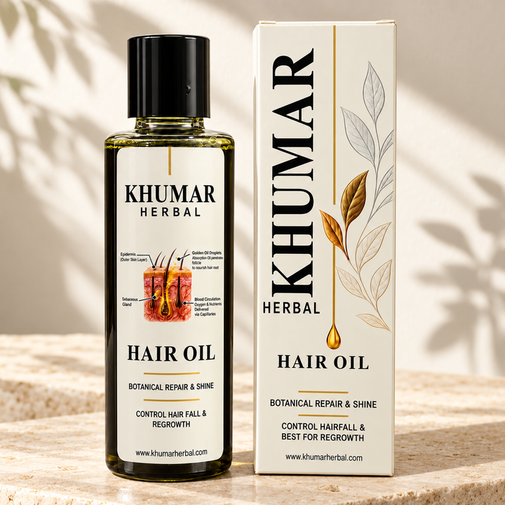 Khumar Herbal Hair Oil bottle and carton on a cream stone surface