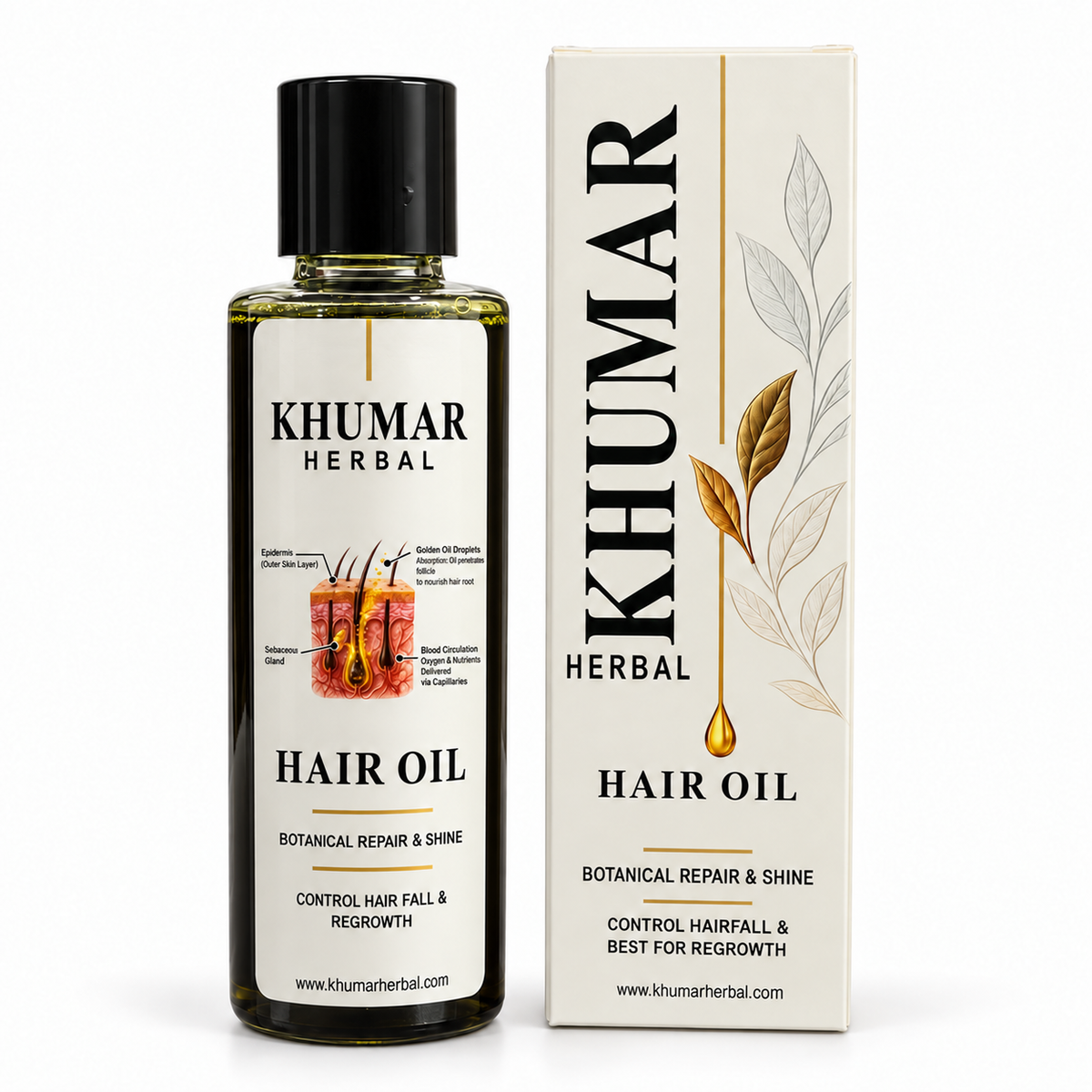 Khumar Herbal Hair Oil bottle and carton in the current cream and gold packaging