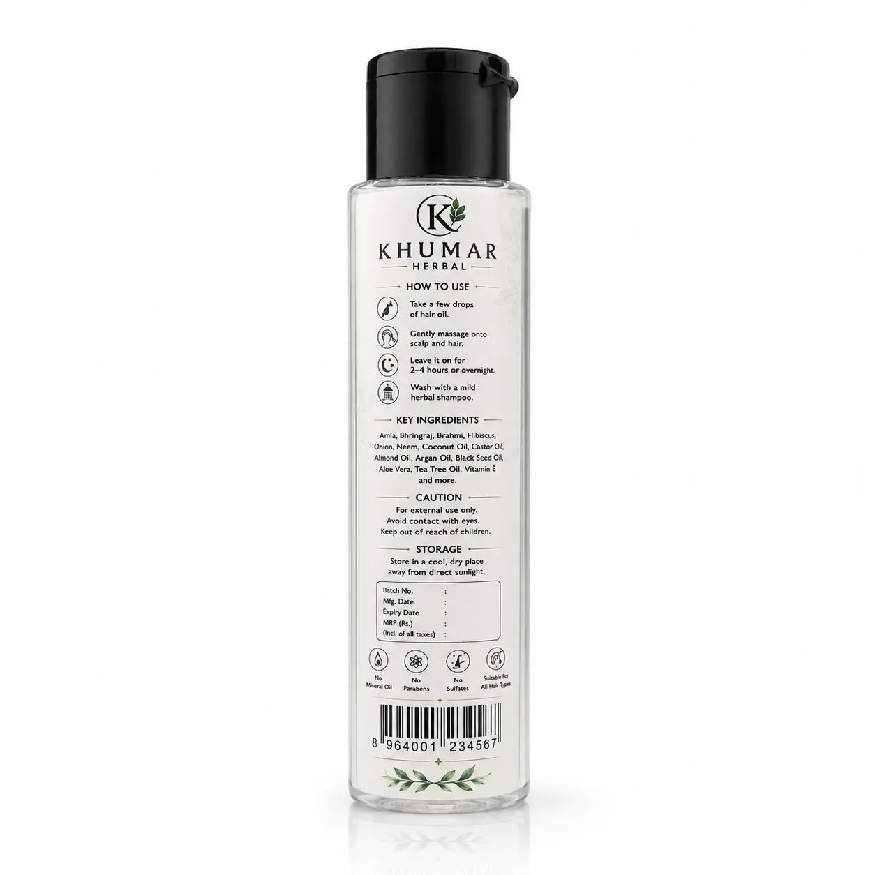 Khumar Herbal Hair Oil back label and directions