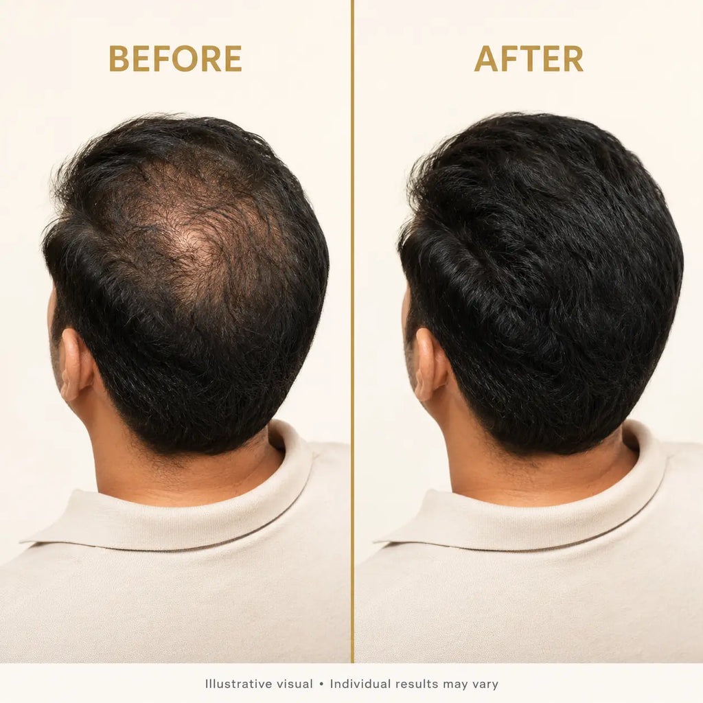 Illustrative before and after hair appearance comparison; individual results may vary