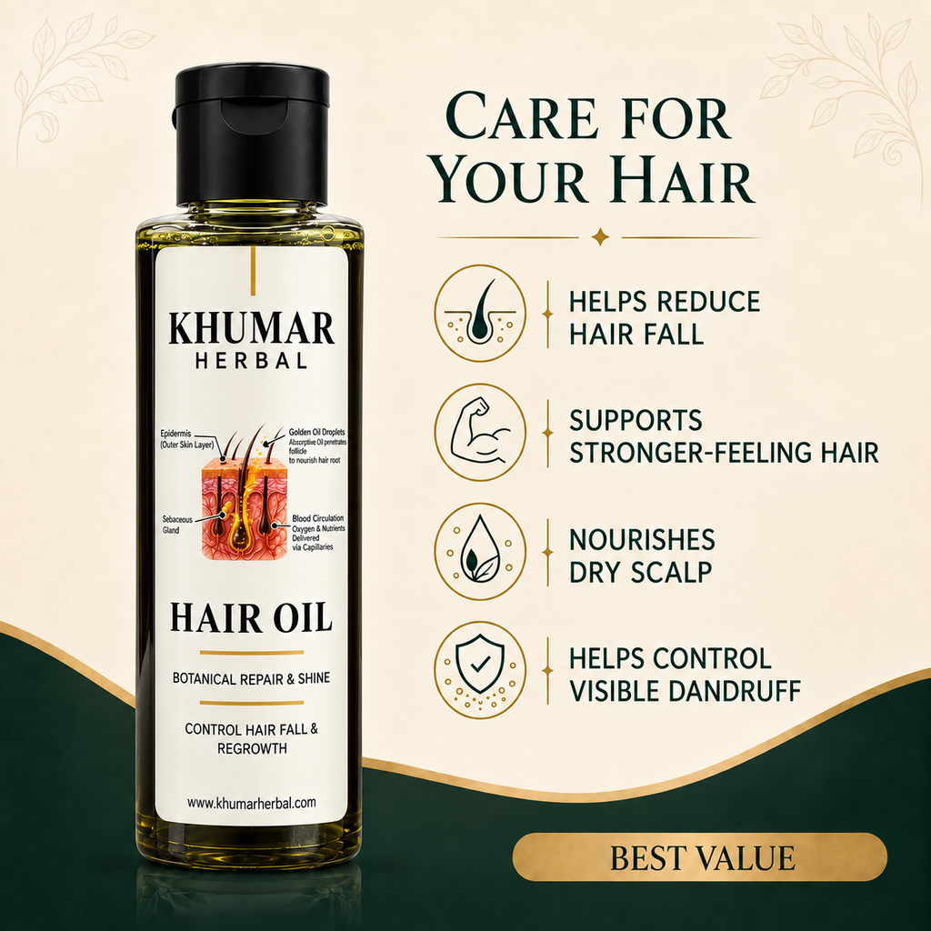 Khumar Herbal Hair Oil care benefits with new bottle packaging