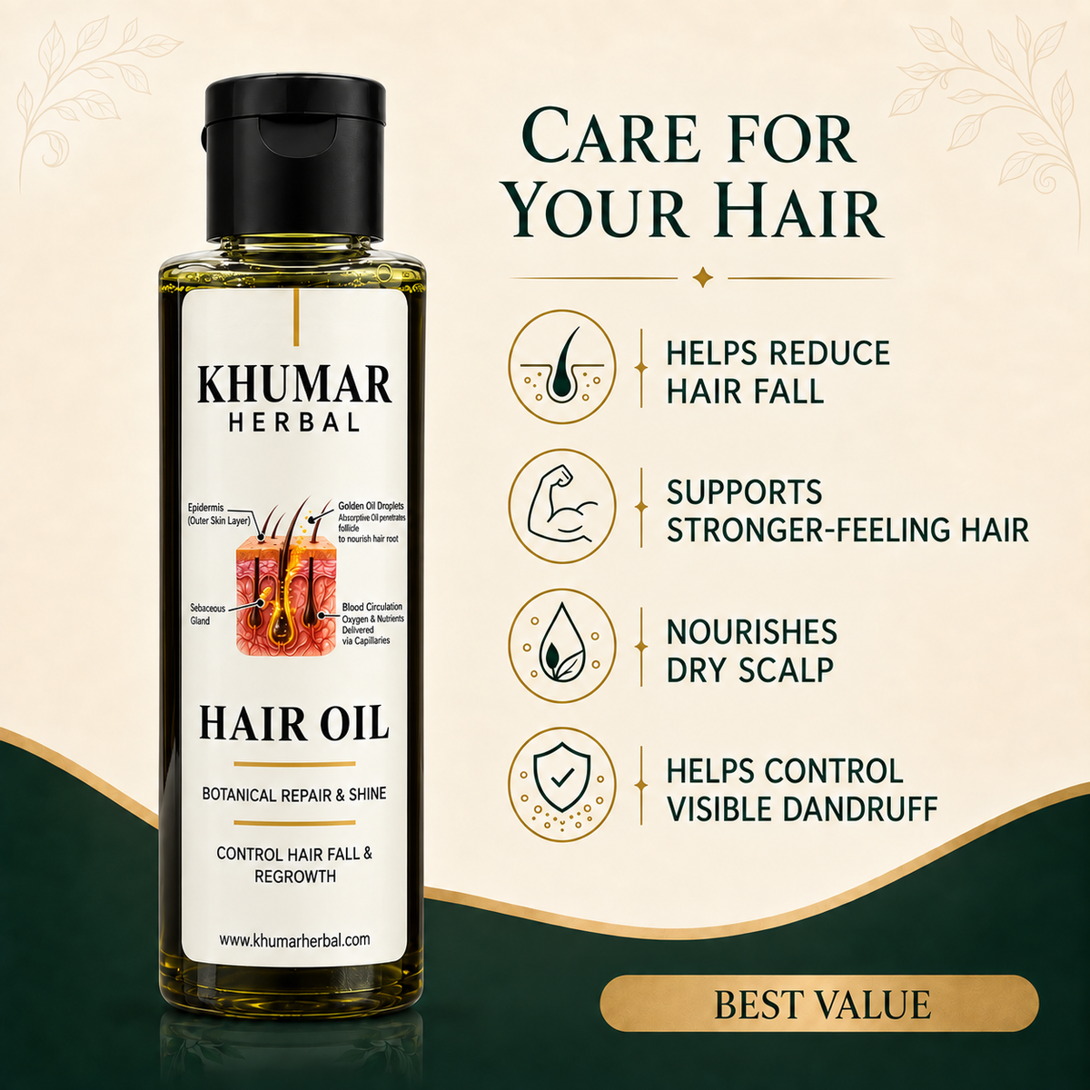 Khumar Herbal Hair Oil care benefits with new bottle packaging
